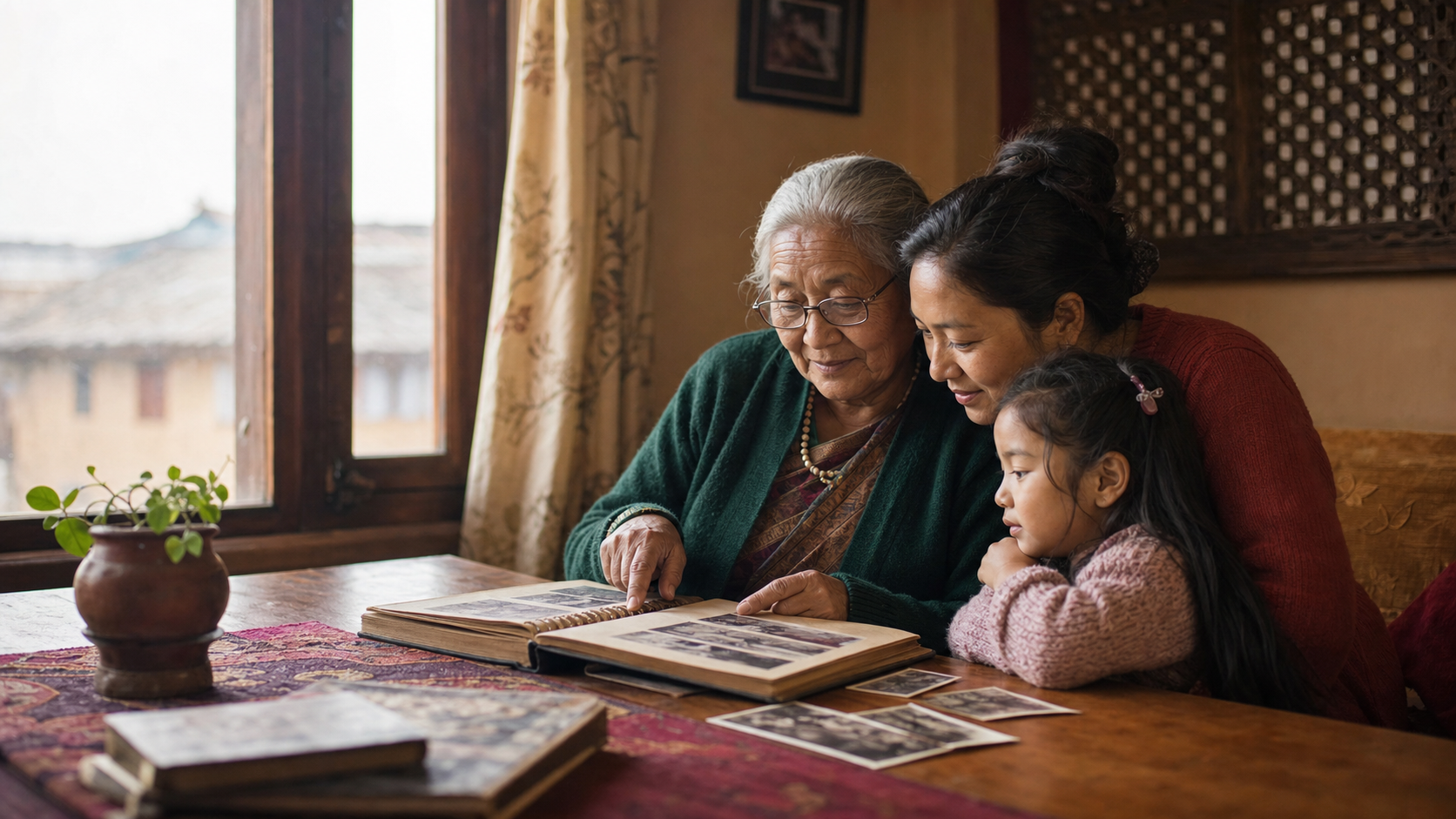 Three generations of a Nepali family looking through a family photo album together